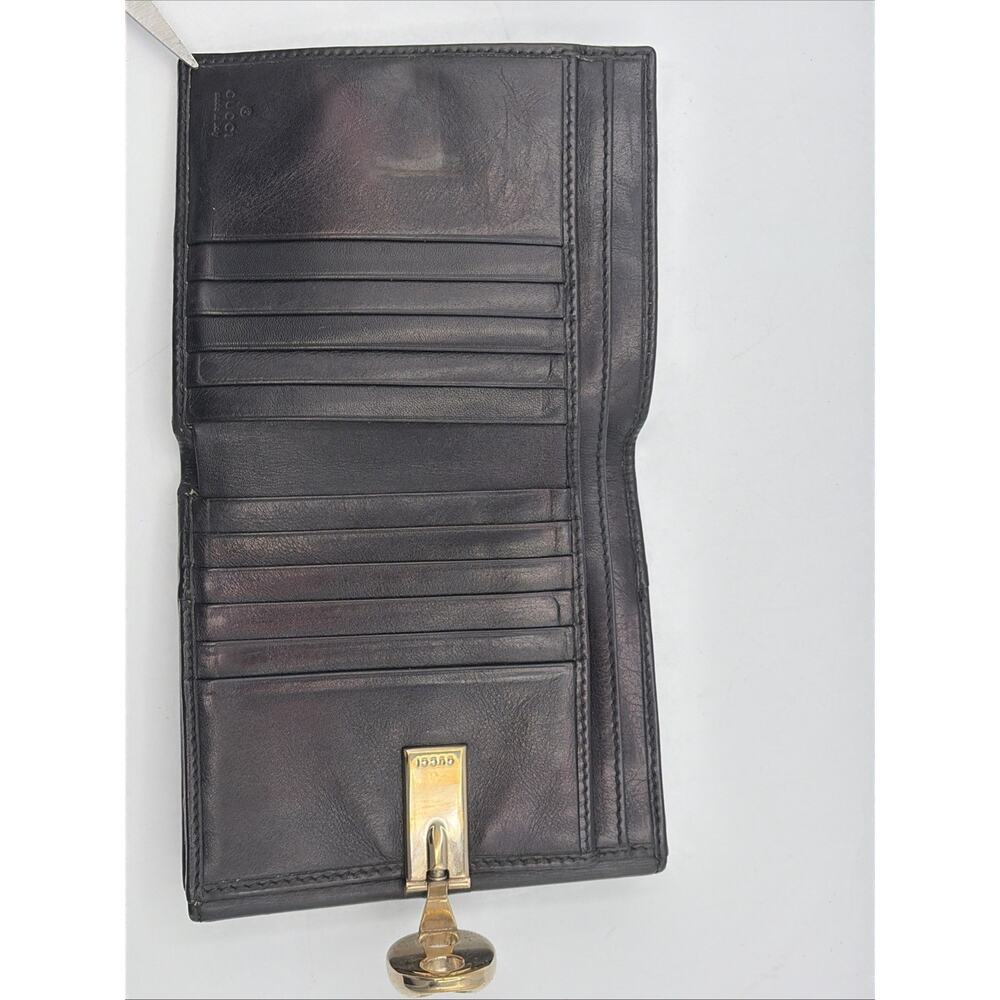 GUCCI GG LOGO BLACK LEATHER/CANVAS COMPACT BIFOLD WALLET W/BUCKLE CLOSURE RARE - Picture 9 of 16
